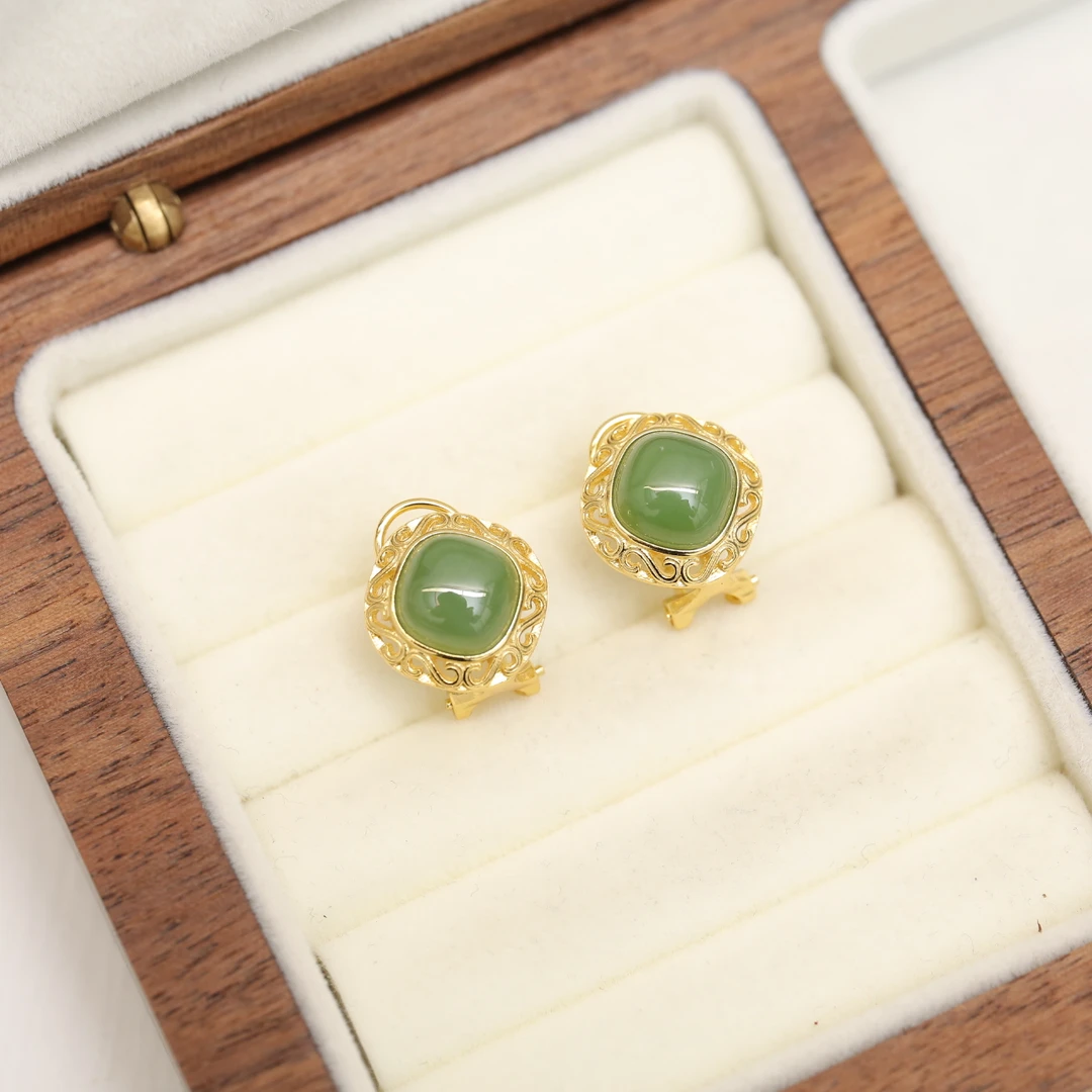 【海边】碧玉和田 方珠 耳扣（多样性发货）