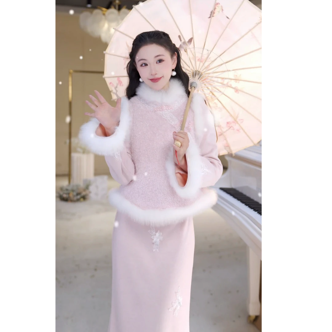 【北栀】【海棠若梦】国风盘扣狐狸毛羽绒马甲813542+连衣裙813541