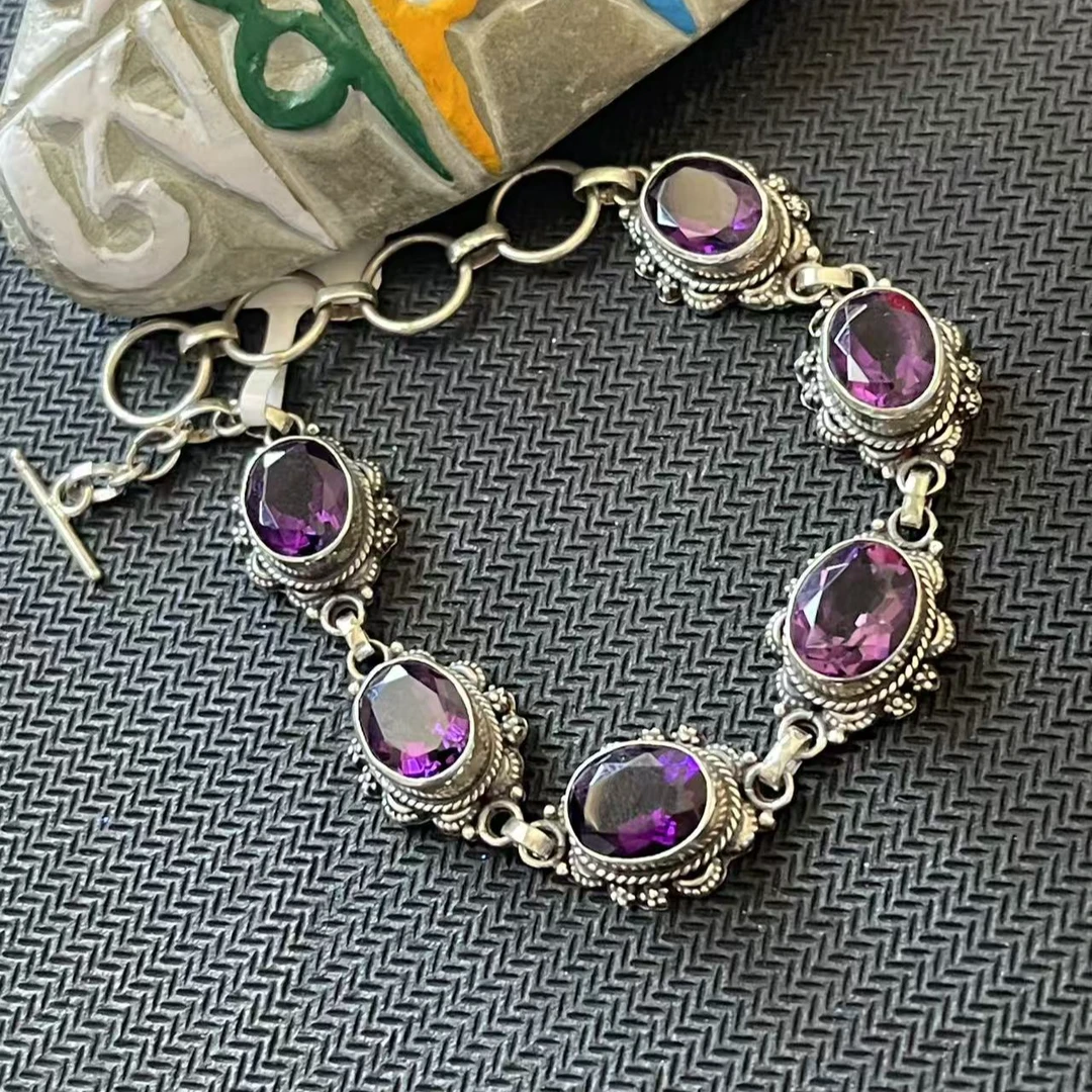 925银手链 紫色水晶花边手链镶嵌雕刻时尚气质