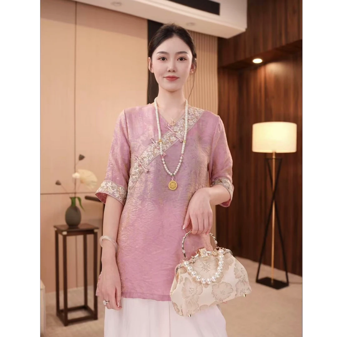 【桃花】提花上衣透气斜襟立领短袖V领女装国风上衣