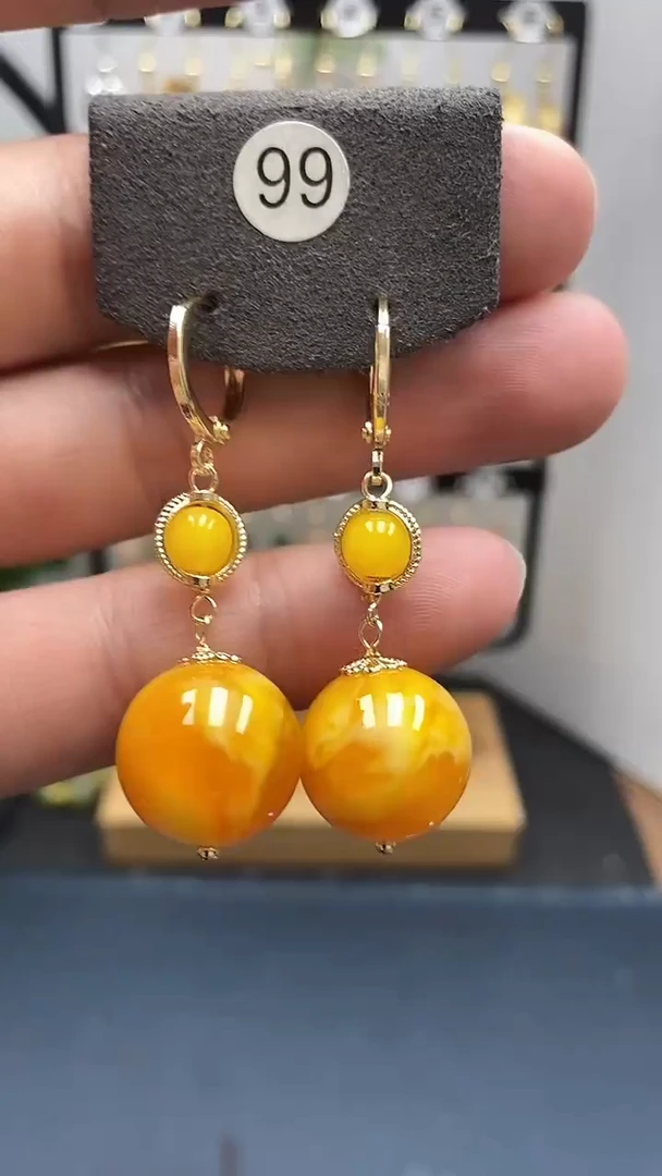 银S925镀金镶嵌蜜蜡耳饰尺寸16mm耳扣D1