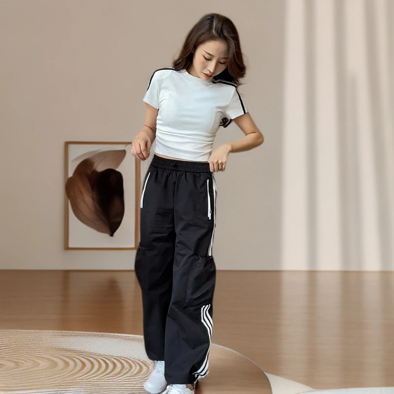 【运动女神】美式高街侧边条纹黑色阔腿运动裤休闲裤女多口袋工装裤