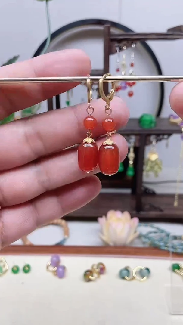 南红玛瑙14K金镶嵌耳饰81号