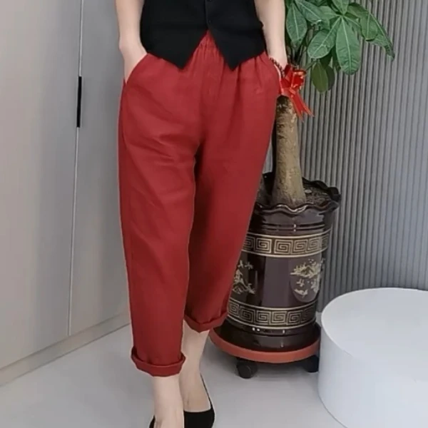红色亚麻哈伦裤高腰洋气显瘦（裤长90公分）