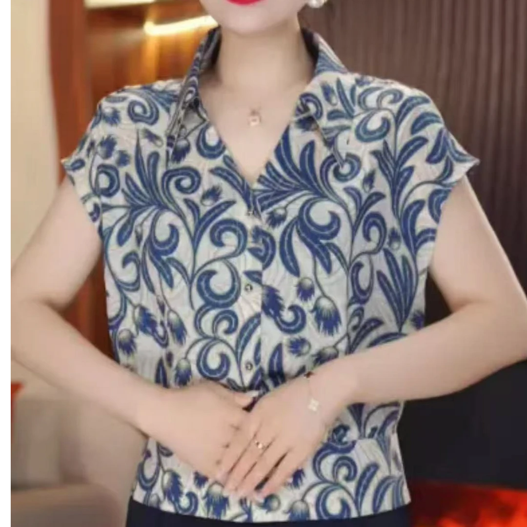 夏季新款V领扣子花色华尔缎不皱丝滑冰感显瘦百搭时尚衬衫女上衣