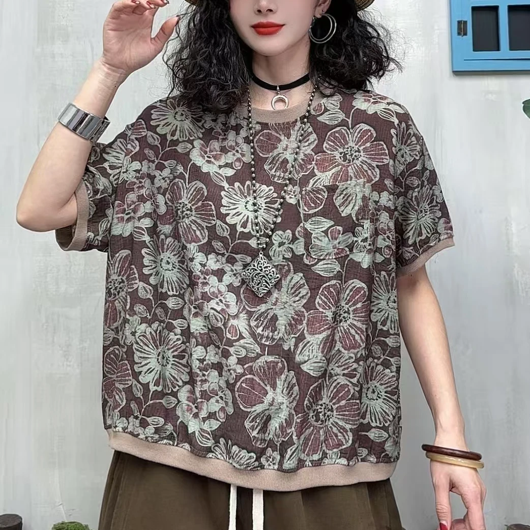 9902新款夏季优雅减龄印花复古T恤QZ