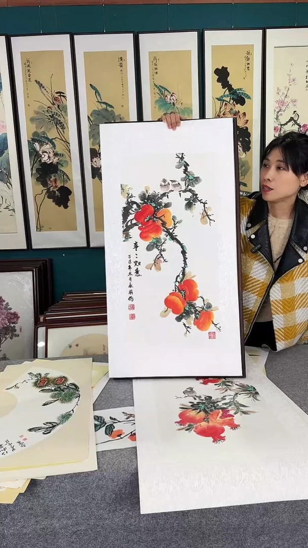 国画柿柿如意实木装裱45*90