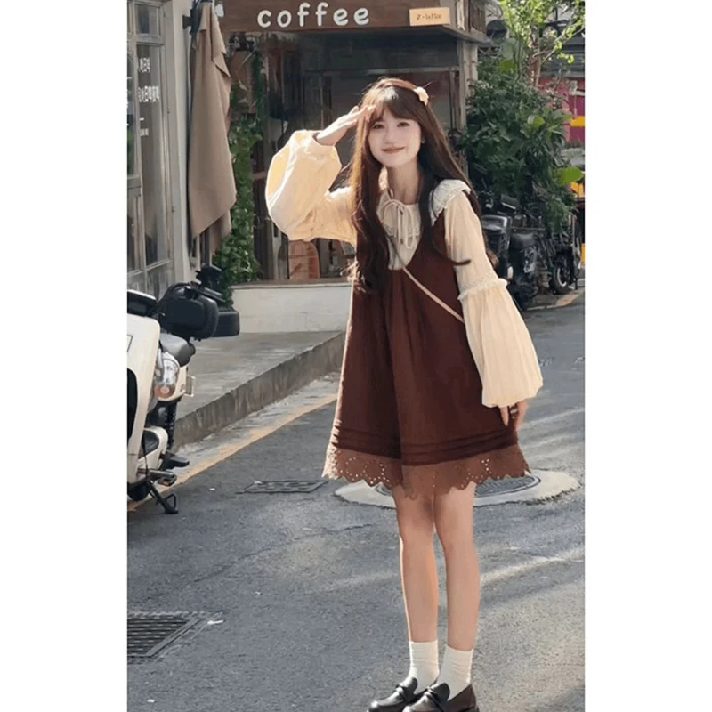 美拉德温柔感【两件套】系带娃娃领衬衫叠穿背心桾早春时尚套装