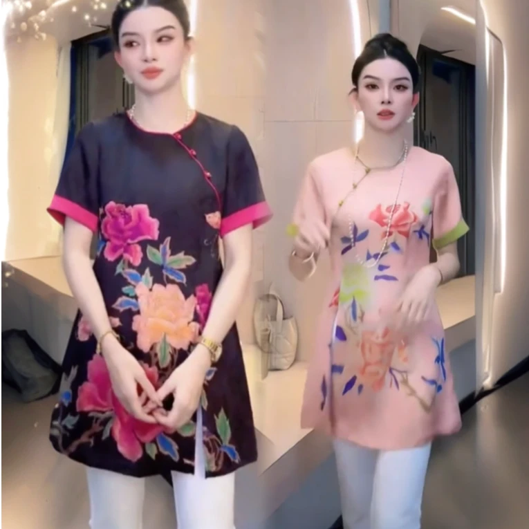 优雅国风端庄小衫女2025夏季新款印花圆领斜襟短袖开叉中长款上衣