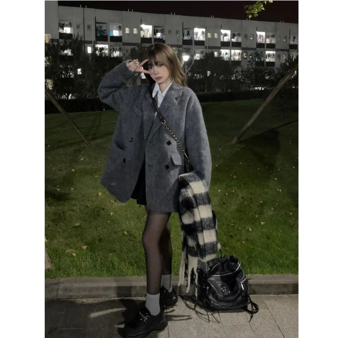 pinkmoon||高级感毛呢西装外套女装秋冬新款加厚中长款灰色大衣