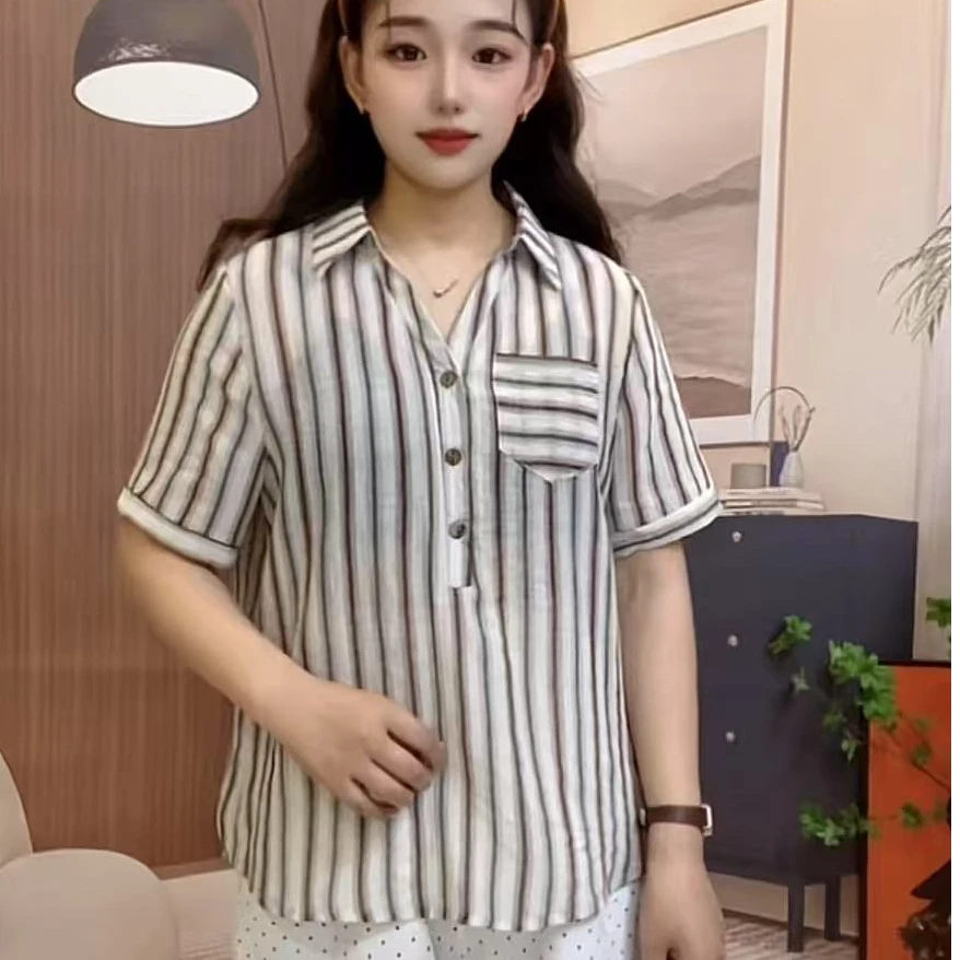 2025新款时尚洋气条纹短袖衬衫夏季新款休闲套头衬衣小衫