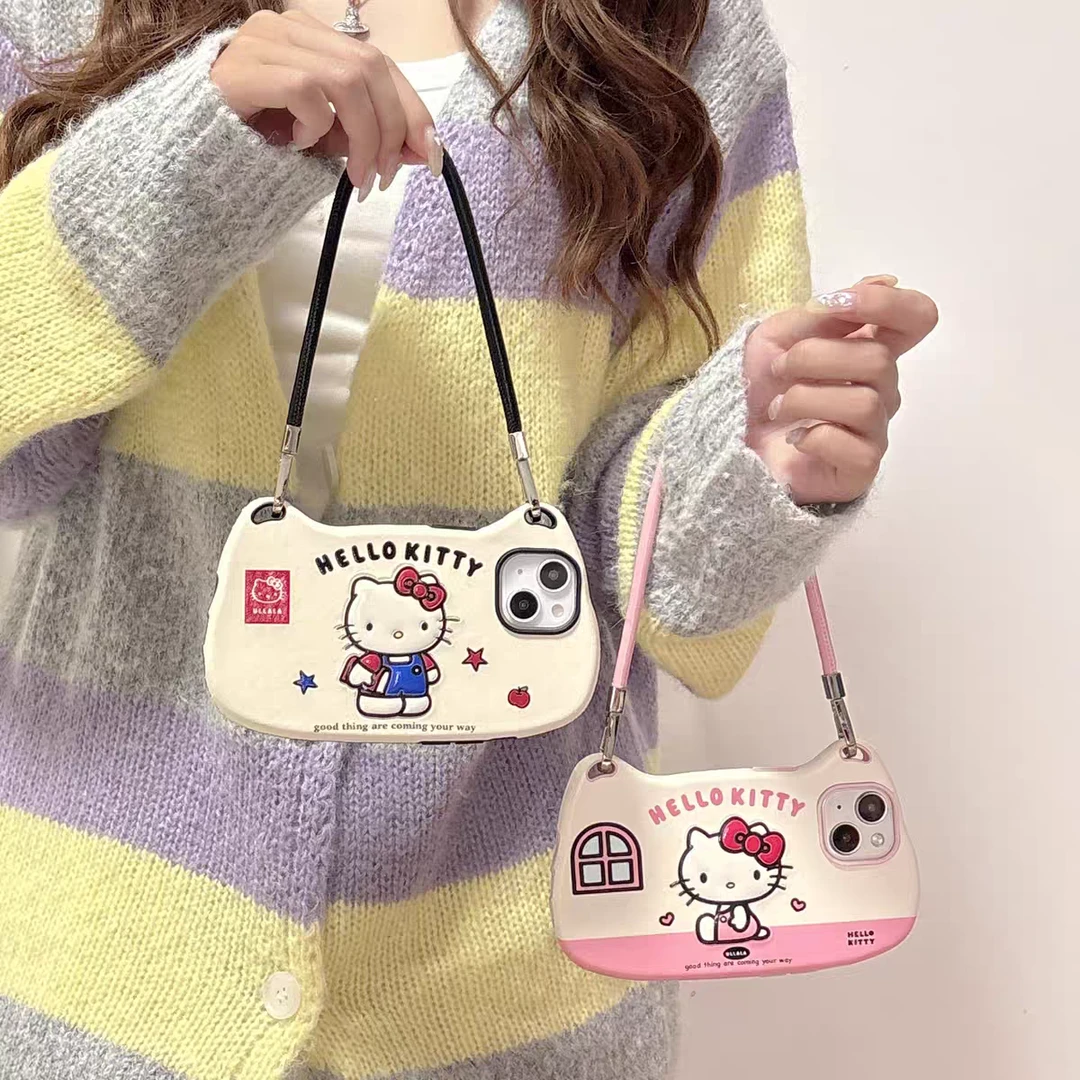 苹果|KT猫可爱蝴蝶结适用iPhone16卡通手提包女款15皮纹ins手机壳