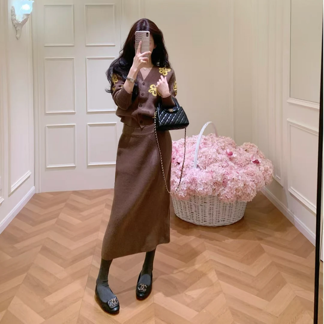 春秋新款小众炸街高级感女装韩版气质针织上衣轻奢半身裙女两件套