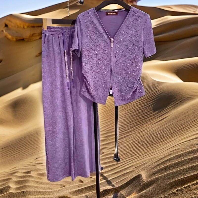 爆款套装！2025夏装烫钻上衣+阔腿裤女遮肉显瘦休闲两件套