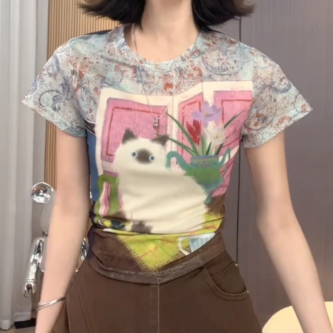 2025春夏‘’壁画猫咪‘’复古油画设计感软糯轻薄短袖LK2503299