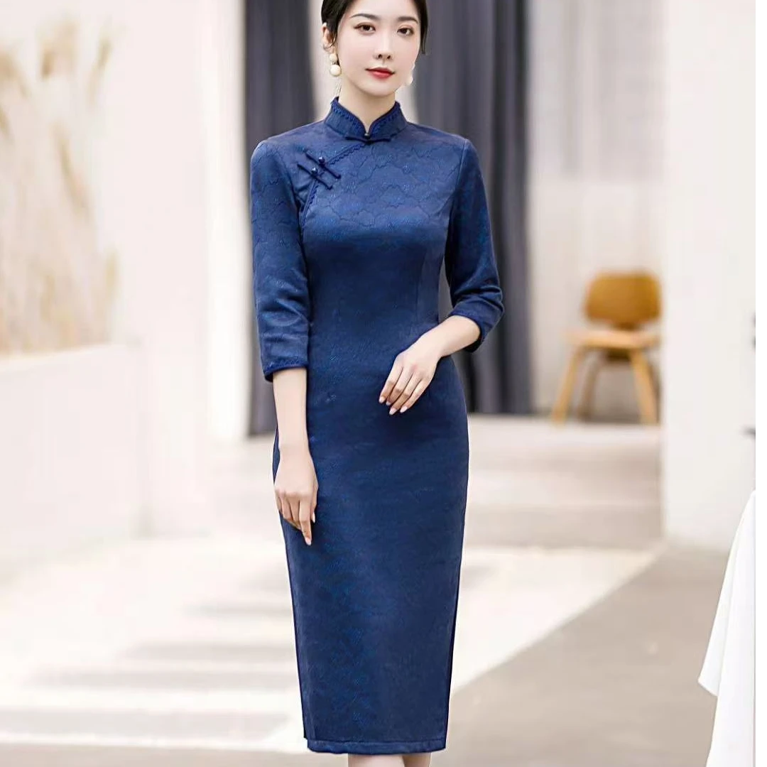 （345）秋款 时尚 中长款改良旗袍 单层 长度约110cm改良旗袍