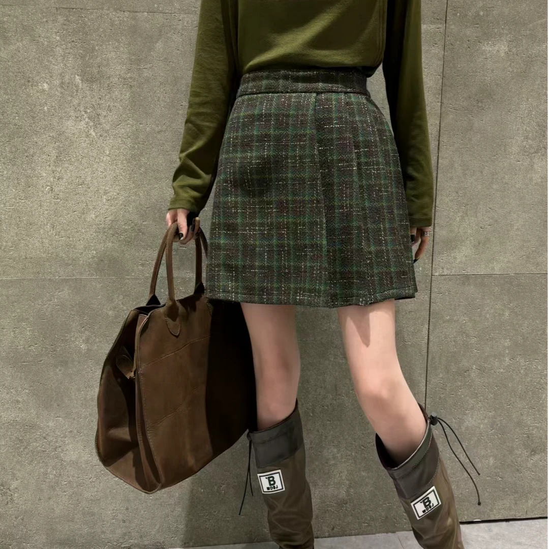 D16288 日系撞色格纹压褶遮胯百搭半身裙