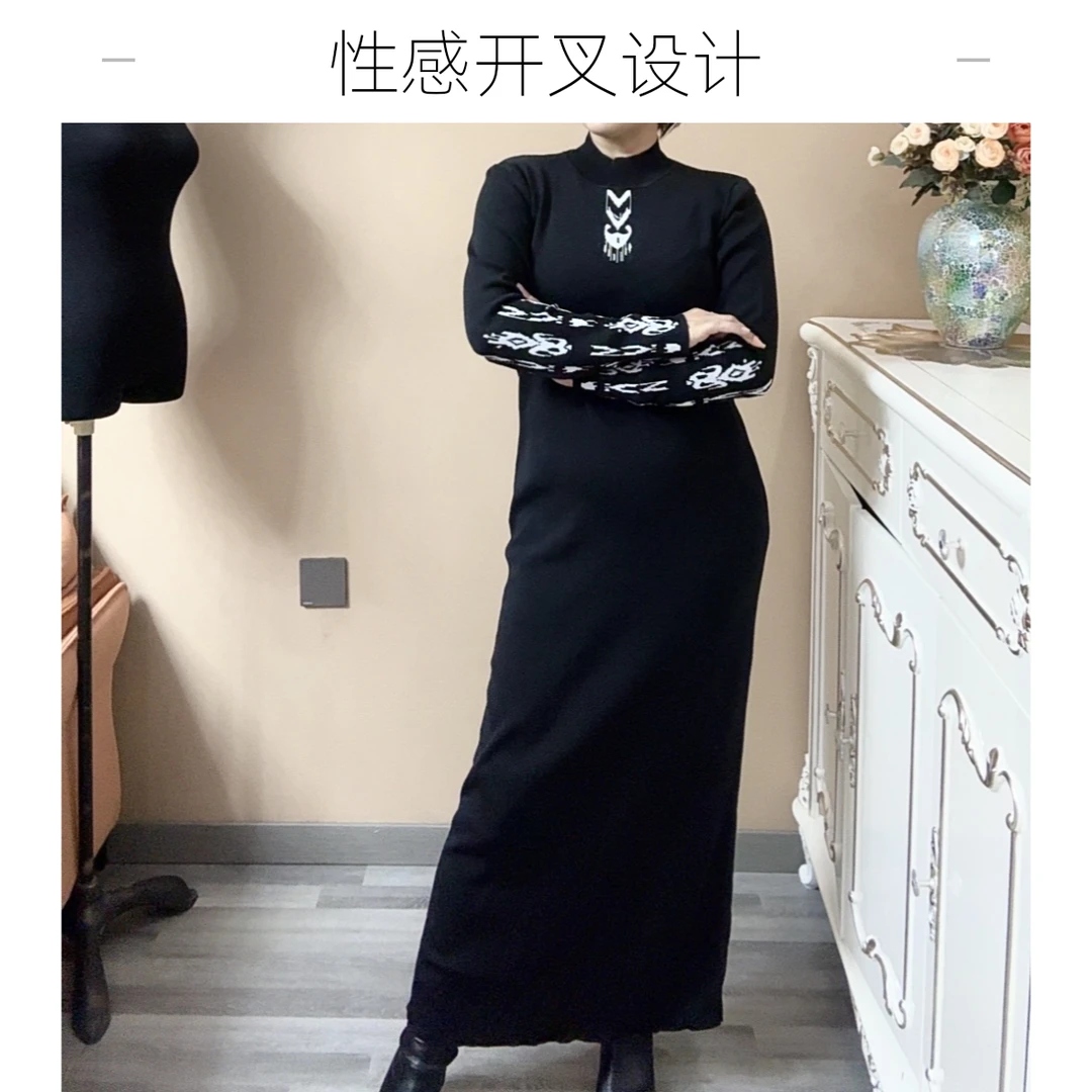 民族风性感长袖气质秋冬开叉显瘦长裙 jig garis