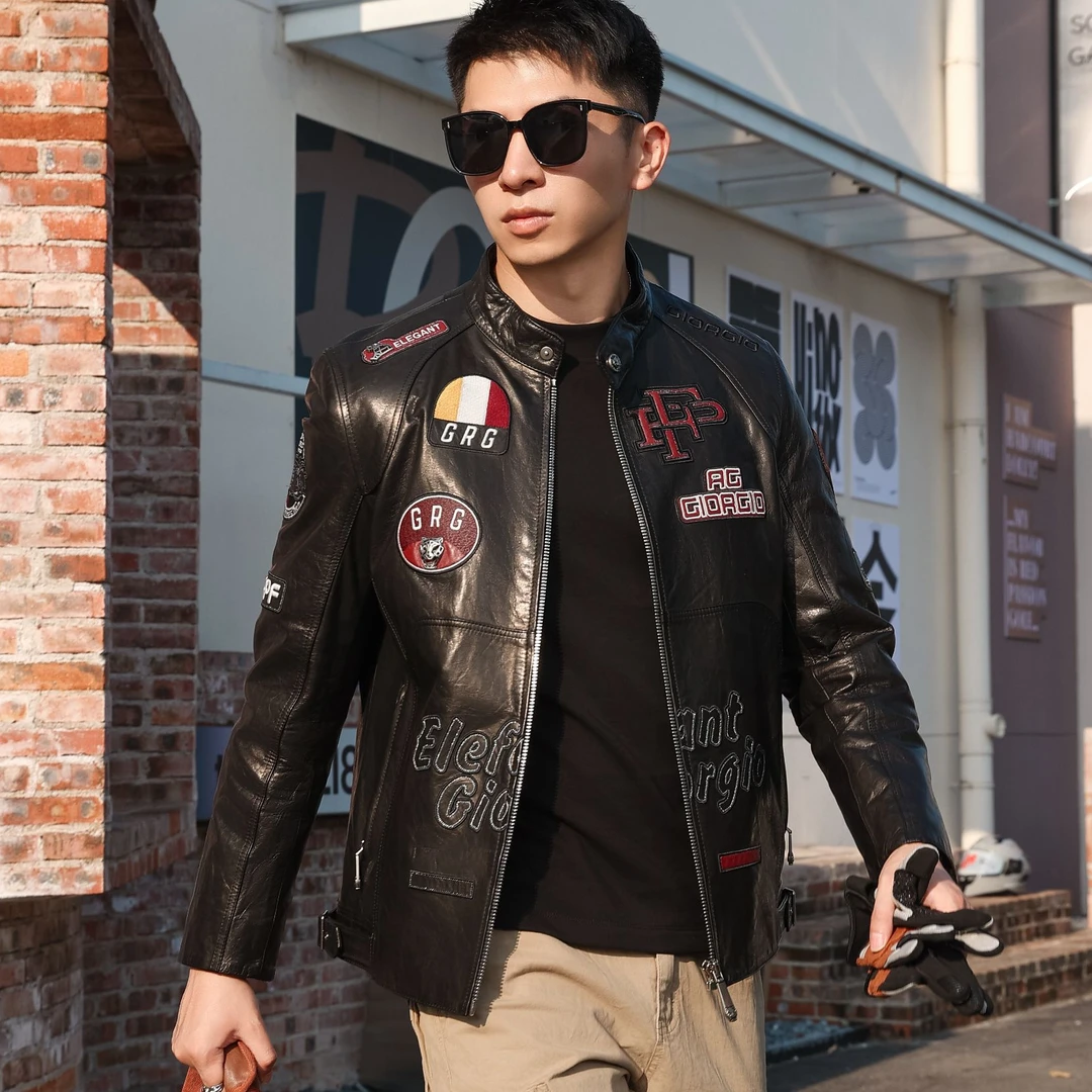 2025时尚立领撞色刺绣鹅绒山羊皮夹克修身痞帅情侣宽松加绒皮衣