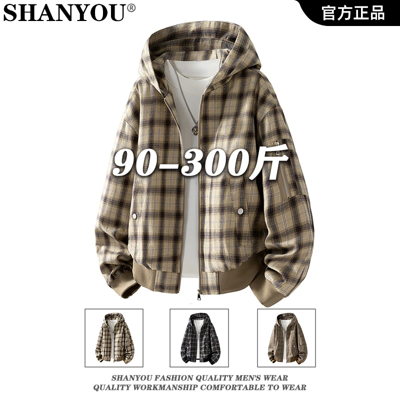 格子连帽休闲男士夹克2025新款多巴胺时尚大码休闲遮肉显瘦外套
