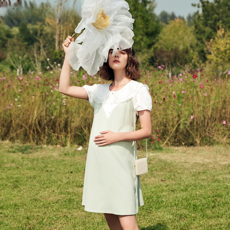 孕妇花片领拼接两件乔其纱连衣裙2025新款孕妇裙夏款薄款6233247