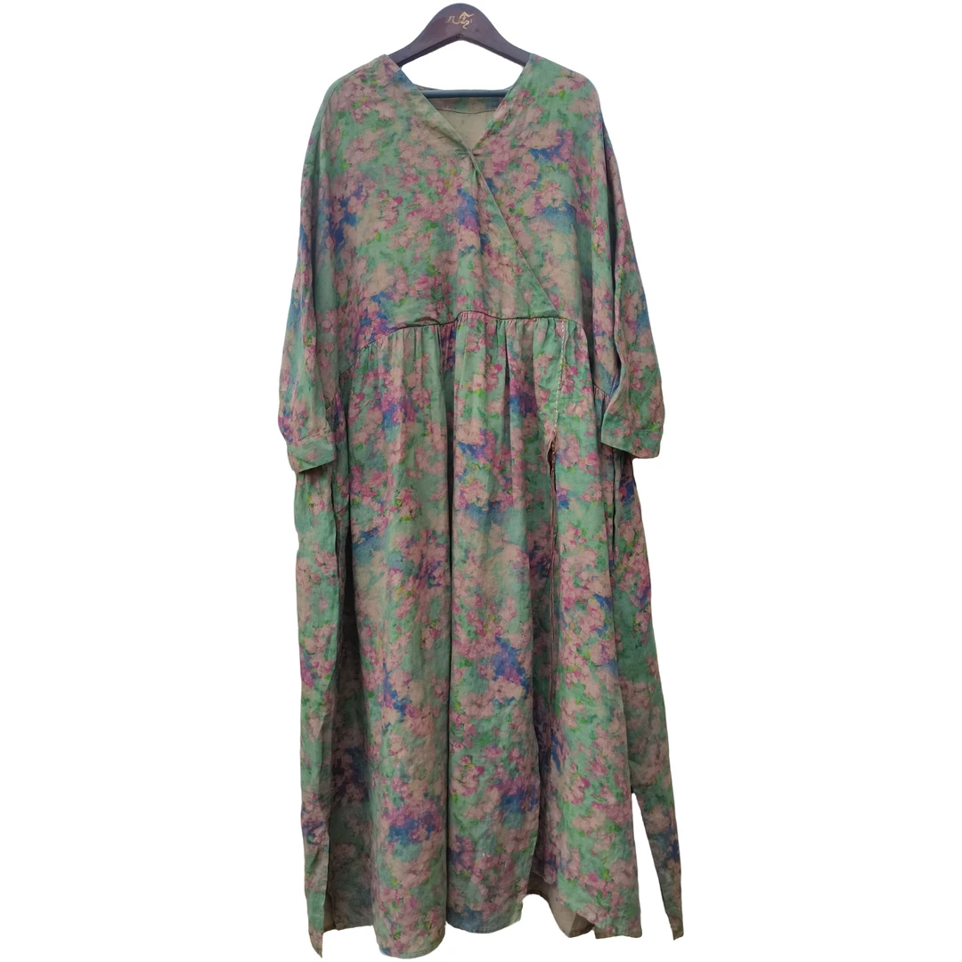 【几念原创】亚麻晕染连衣裙植物花卉中长裙复古气质宽松显瘦250531