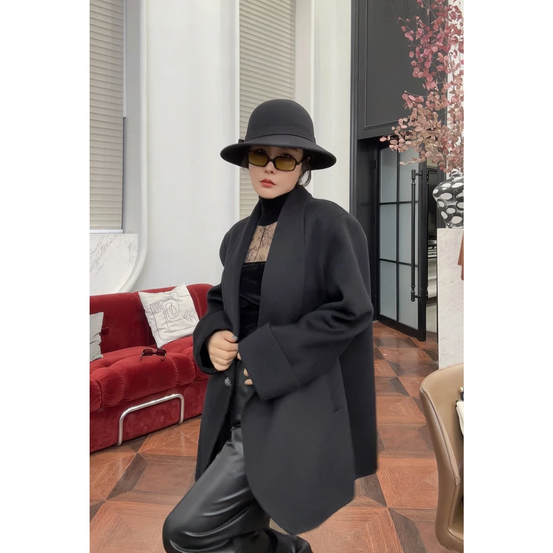 【任我】享受廓形带来的时髦感山羊绒蚕丝羊毛双面呢大衣极简中长款