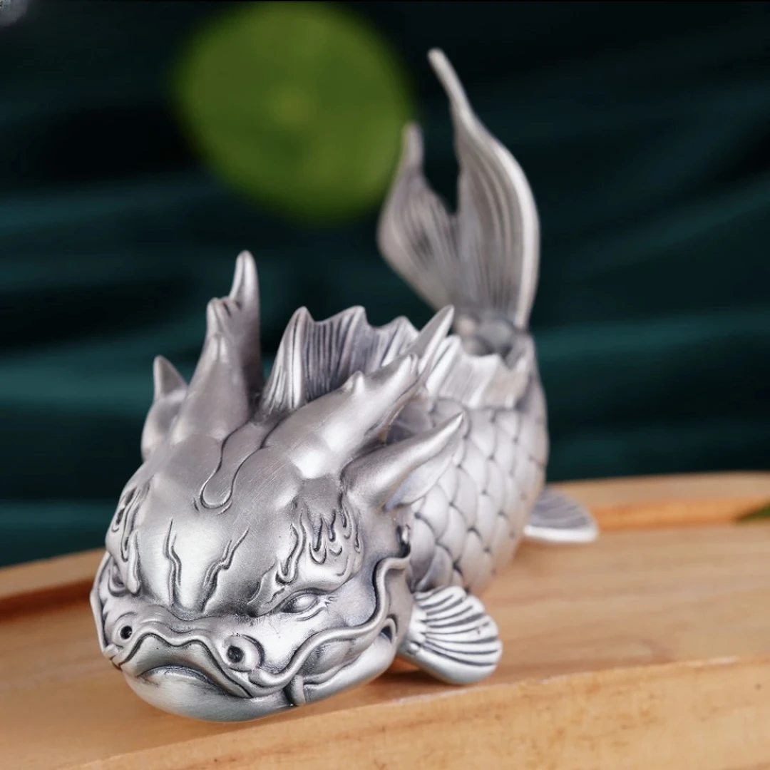 足银银制品 足银999 立体做旧龙鱼摆件约 100克手把玩件茶宠