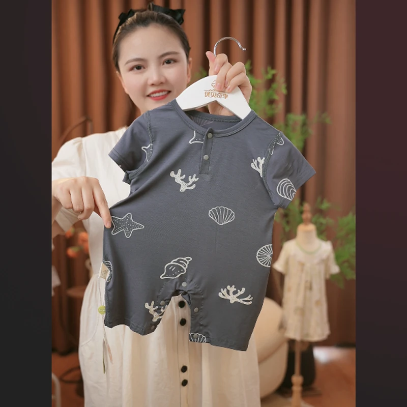 冰多啦婴幼儿连身衣宝宝短爬哈衣短袖套头款夏季薄款无骨