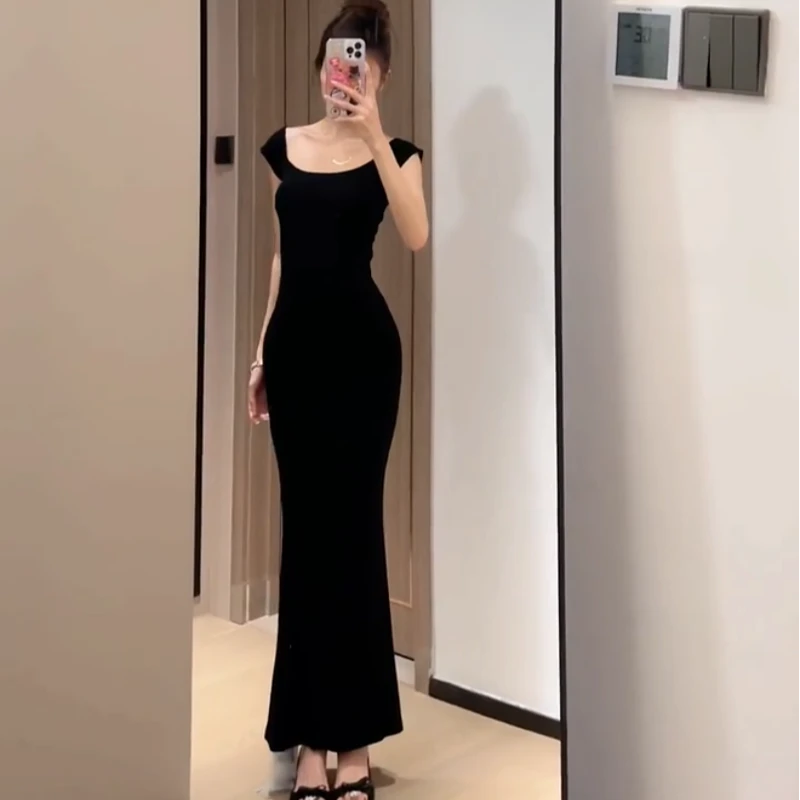 纯欲风辣妹性感针织裙连衣裙女夏季新款修身显瘦黑色包臀鱼尾长裙