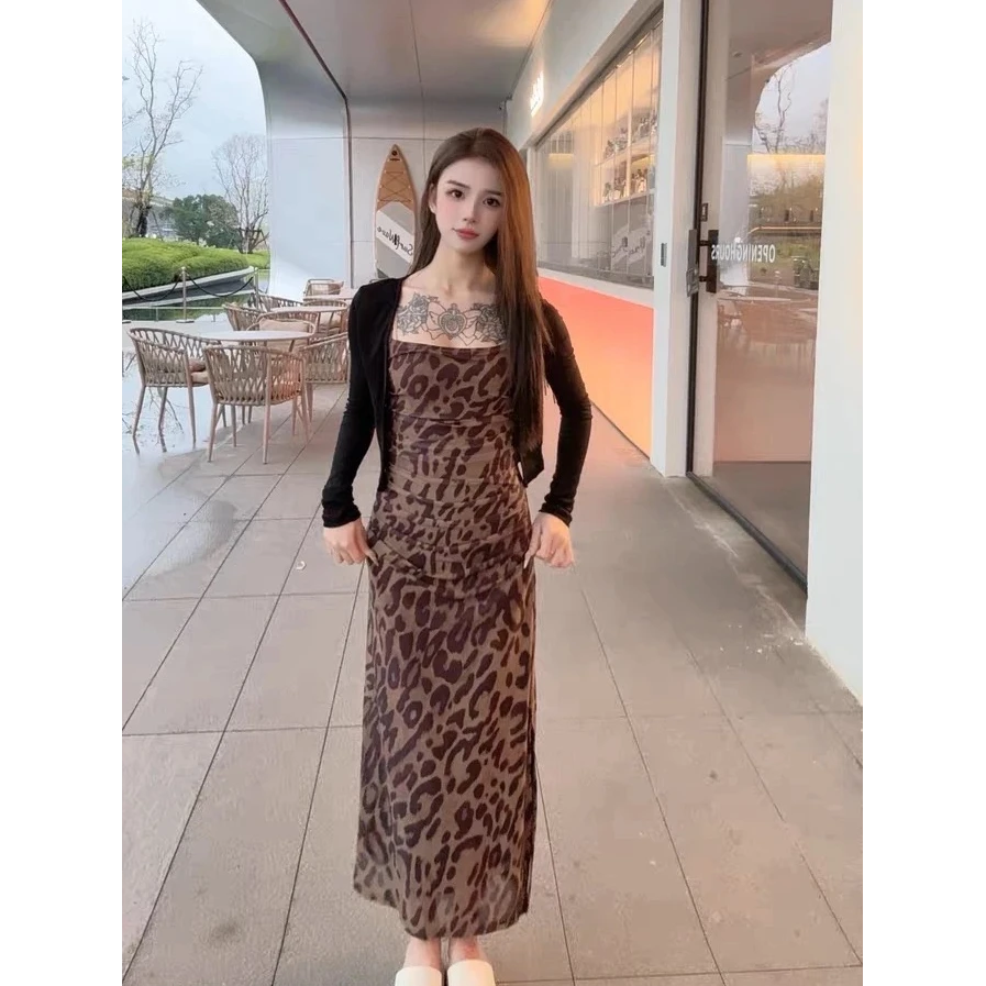 法式性感背心吊带豹纹包臀连衣裙时尚显瘦长裙/长袖开衫气质上衣