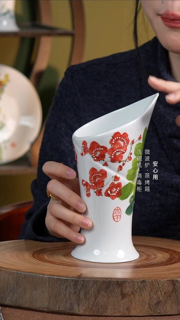 瓷景德镇高温手绘釉下彩筷子筒芭蕉樱桃梅花