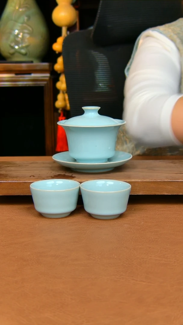 瓷片马蹄盖碗全手工原矿天青不完美