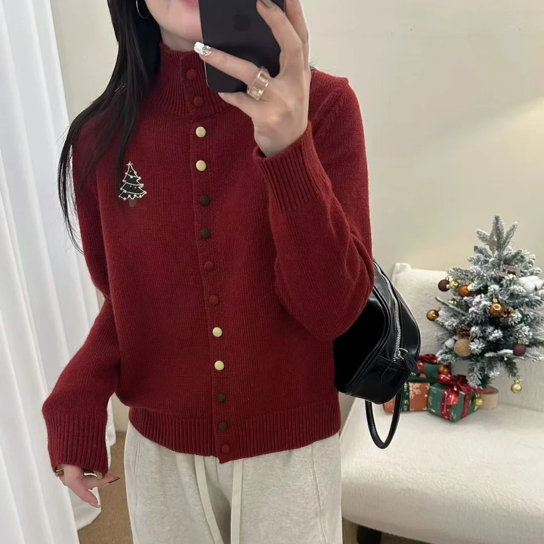 25年新款毛针织衫厚款立领纯色女装秋冬圣诞穿搭开衫款高端正品
