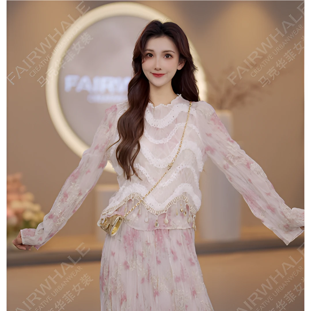 马克华菲女装精致纹理碎花衬衫春夏2025流苏小衫显瘦纯欲压褶设计