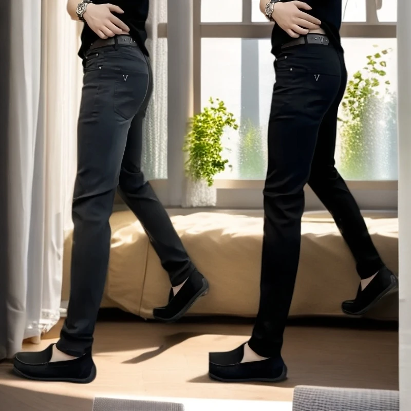男士加绒弹力牛仔裤休闲直脚裤高级感修身显瘦百搭深色直筒牛仔裤