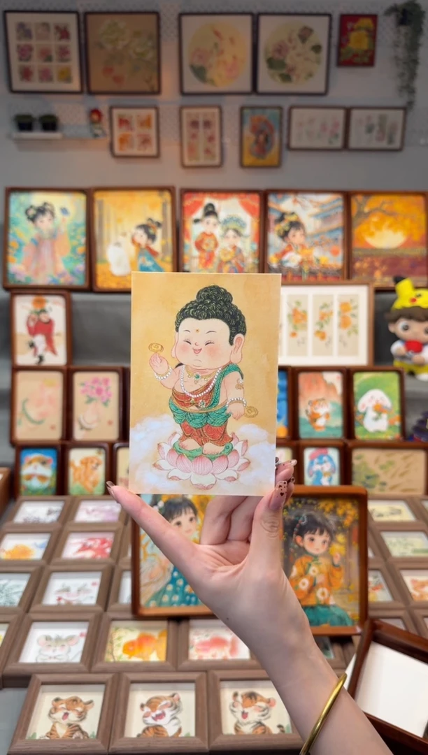 国画喜****3笑佛 手绘国画6寸花芯