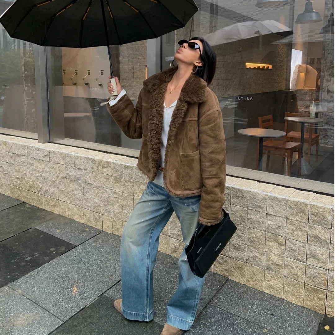 气质显瘦洋气休闲百搭时尚皮毛一体外套百搭通勤外穿牛仔长裤套装