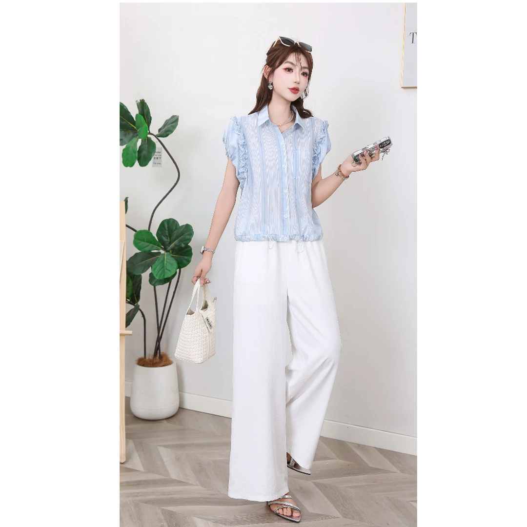 2025夏韩系甜美小清新减龄条纹短袖衬衫+阔腿裤套装HJ-1986