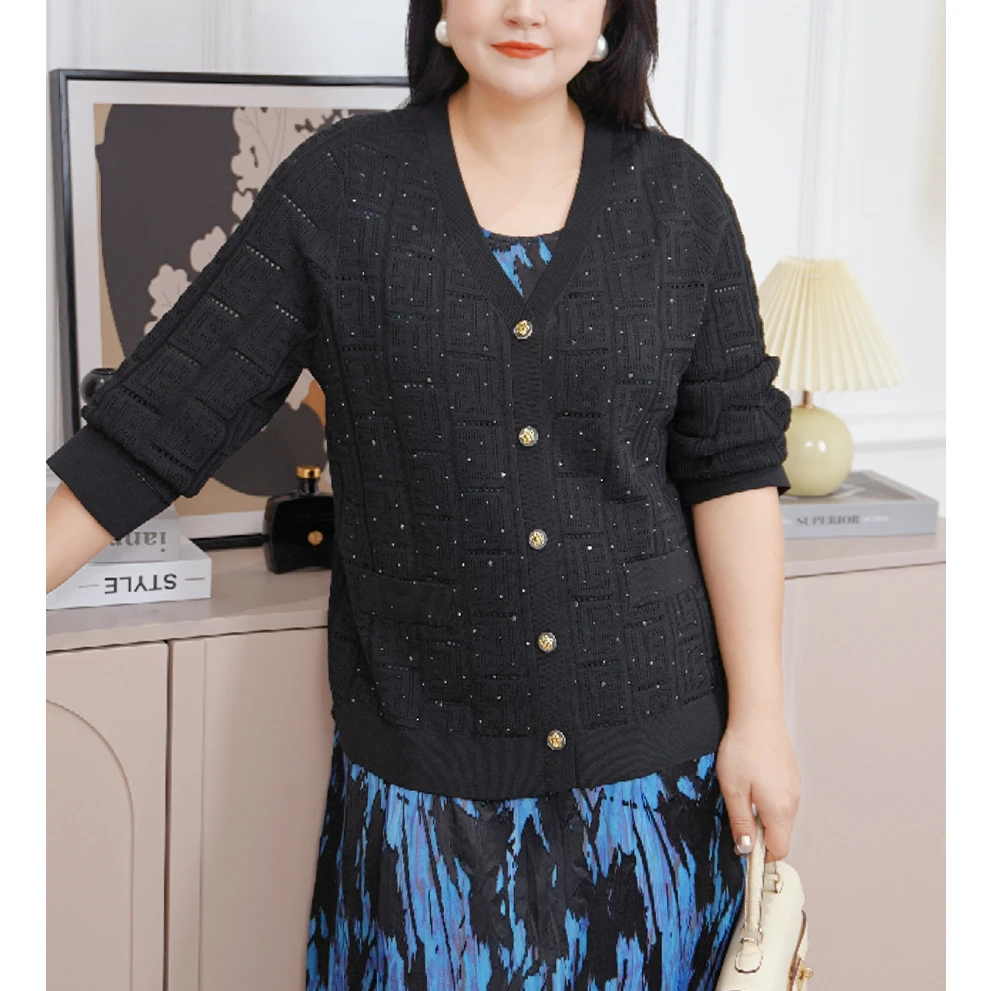 MsShe大码女装秋装优雅气质烫钻镂空V领针织开衫外套B2503075