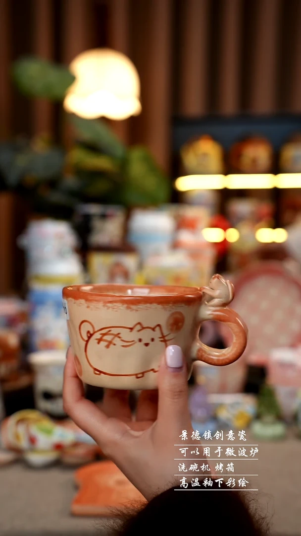 小猫手捏杯景德镇手工手绘陶瓷366