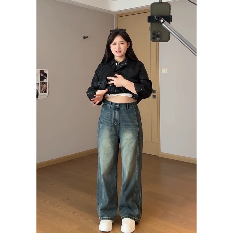 特大码女装美式复古直筒牛仔裤女秋季新款裤子胖mm显瘦修容阔腿裤