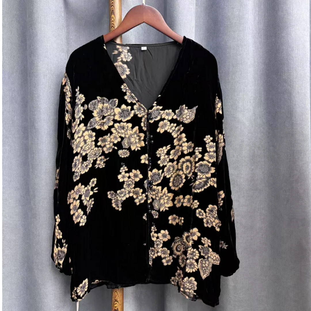 2025春季新款简约百搭桑蚕丝烧花绡丝绒上衣女C003