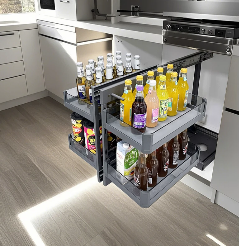 五金橱柜拉篮抽屉式不锈钢双层转角旋转全开小怪物厨房收纳置物架