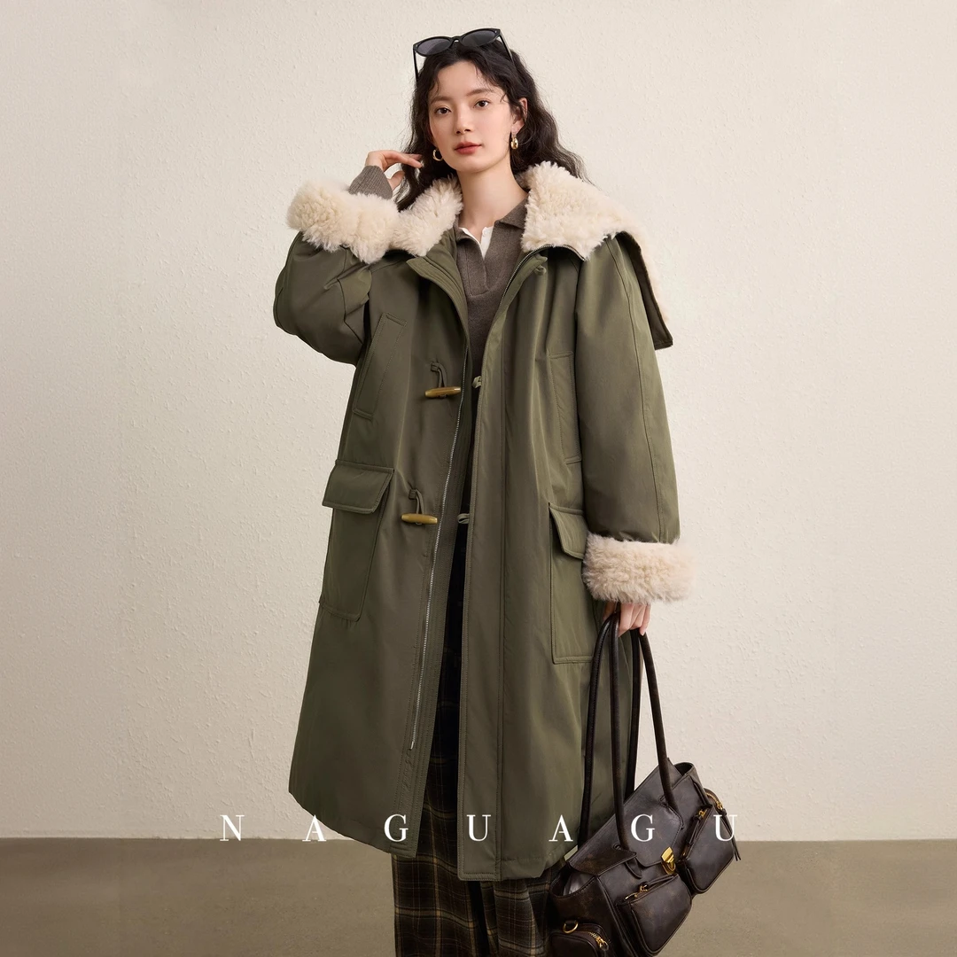 仿羊羔毛拼帽长款派克羽绒棉服女2025冬季新款韩版过膝牛角扣外套