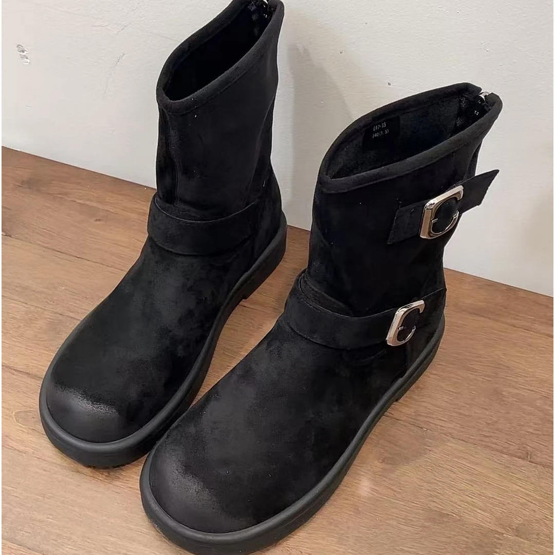 靴子-017-33圆头厚底皮带扣中筒靴