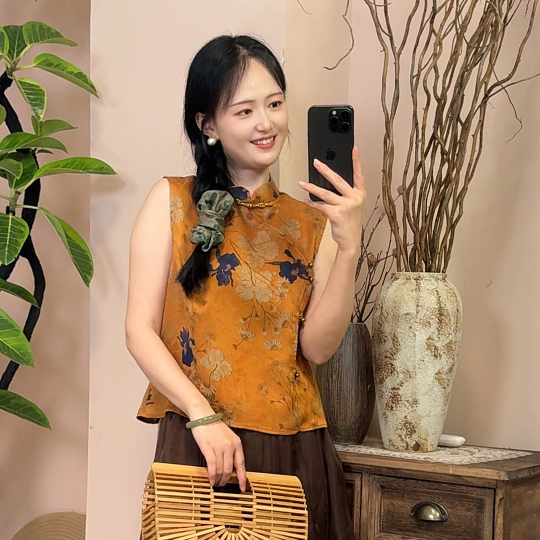 【HUAYIDUO】秘密花园桑蚕丝香云纱国风中式薄款减龄奥黛小衫马甲