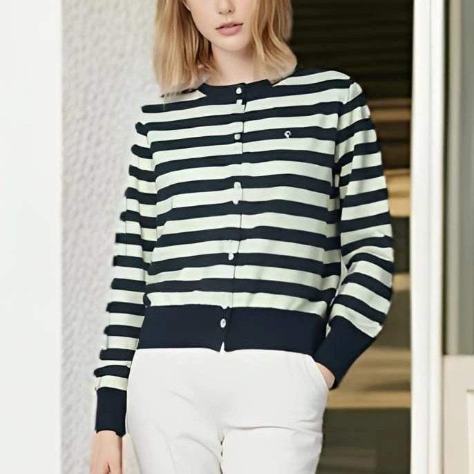 蓝条2025条纹春时尚长袖针织衫开衫软糯显瘦圆领百搭