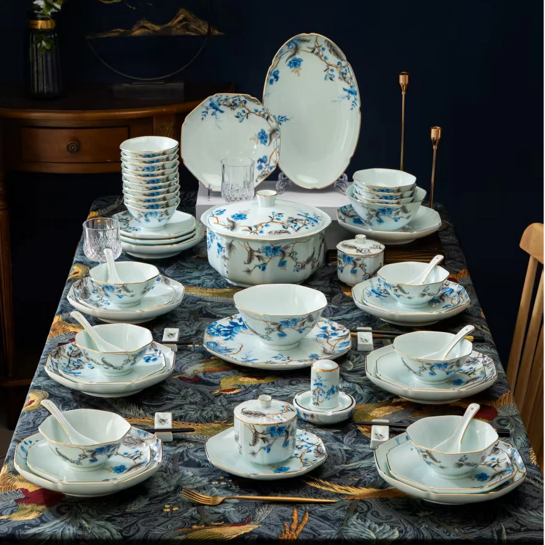 景德镇青瓷八方兰花93头餐具套装高端乔迁送礼碗盘碟