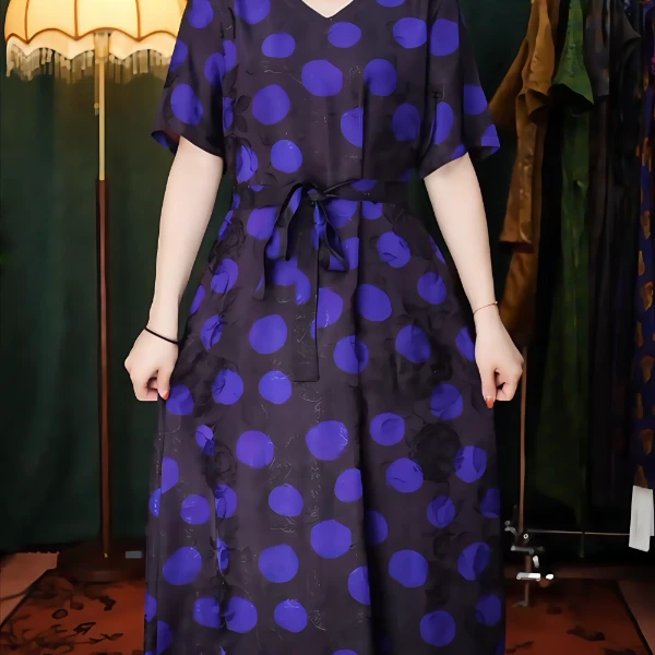 紫色波点大气连衣裙收腰长裙夏季